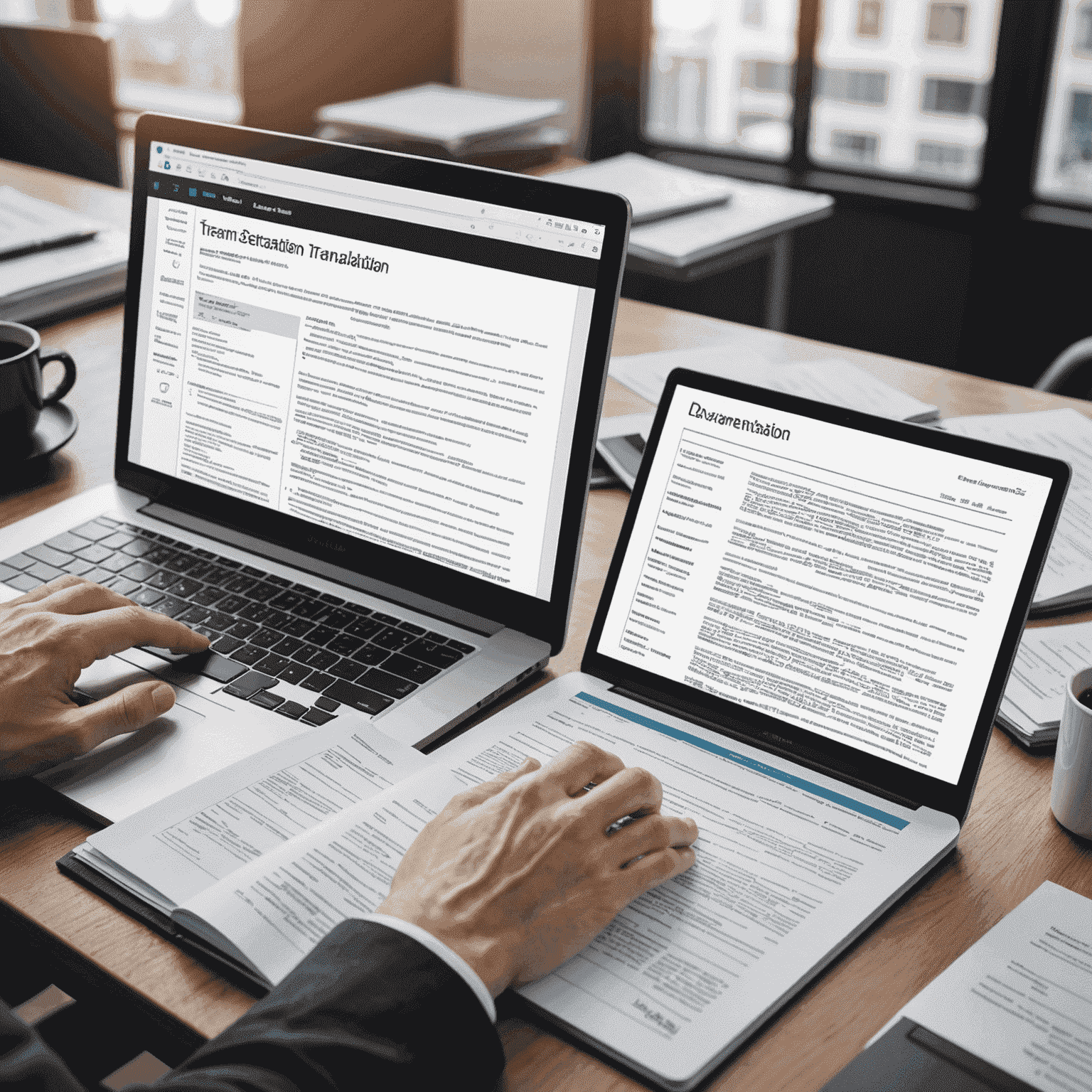 A split-screen image showing advanced translation software on one side and traditional legal documents on the other, symbolizing the technological revolution in legal translation